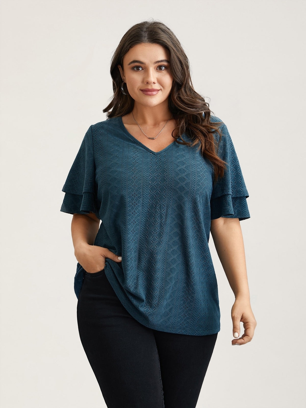 BloomChic Teal V-Neck Layered Flutter Sleeve Top